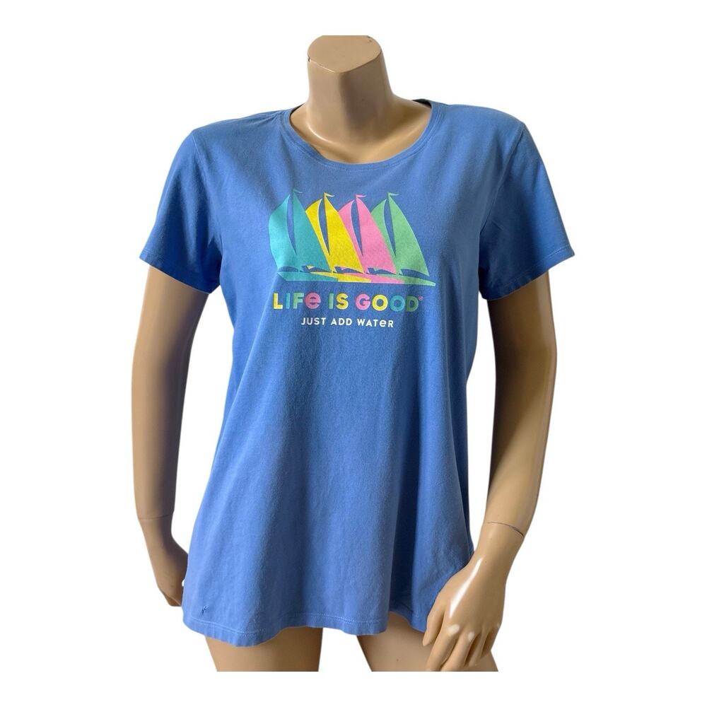 Life is Good Crusher Tee Womens L Blue Sailboat Graphic Just Add Water T Shirt